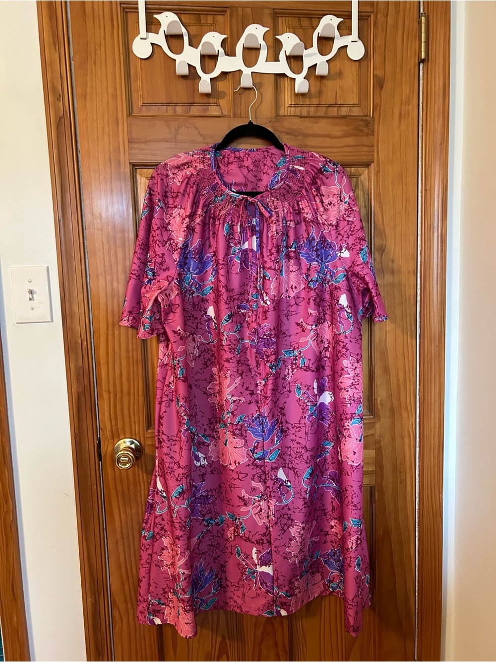 Vintage Sears zip-up housecoat in dark pink with all-over florals